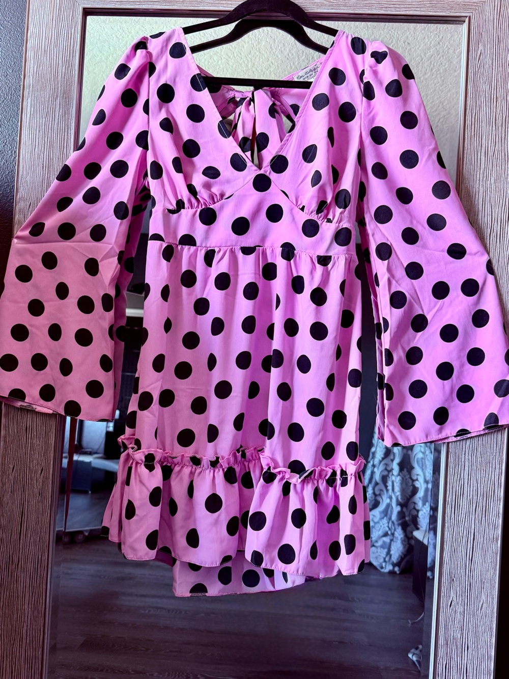 Miss Selfridge Pink and Black Polka Dot Mini Dress Long Sleeve Flowy Babydoll